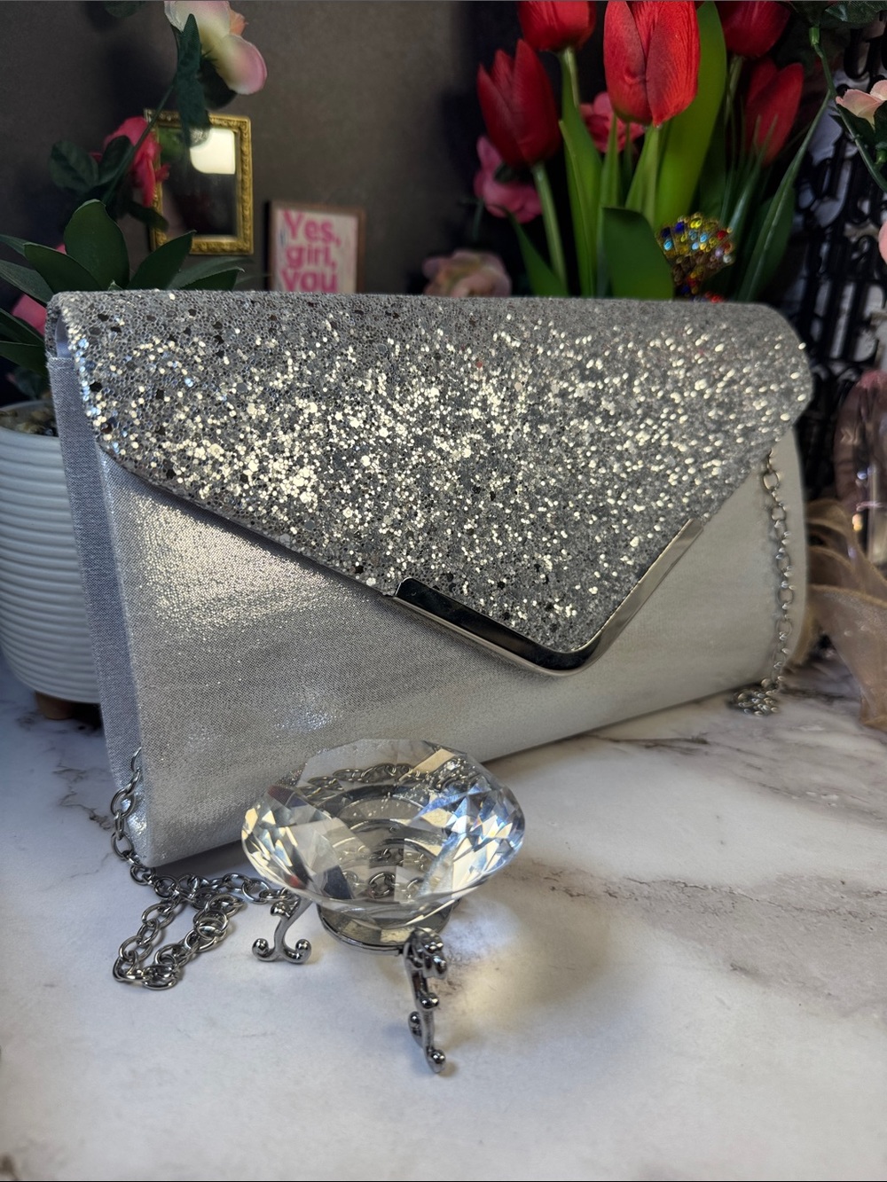 SHEIN Silver Glitter Envelope Clutch
